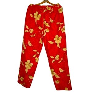 🦄Talbots Red Floral Pants with Yellow Accents Silk And Linen Trouser Pants S